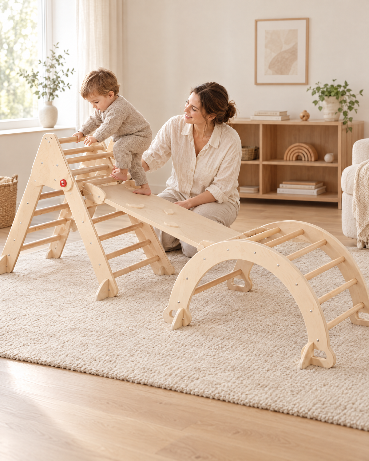 Enfant qui grimpe sur le triangle de Pikler sous le regard de sa maman