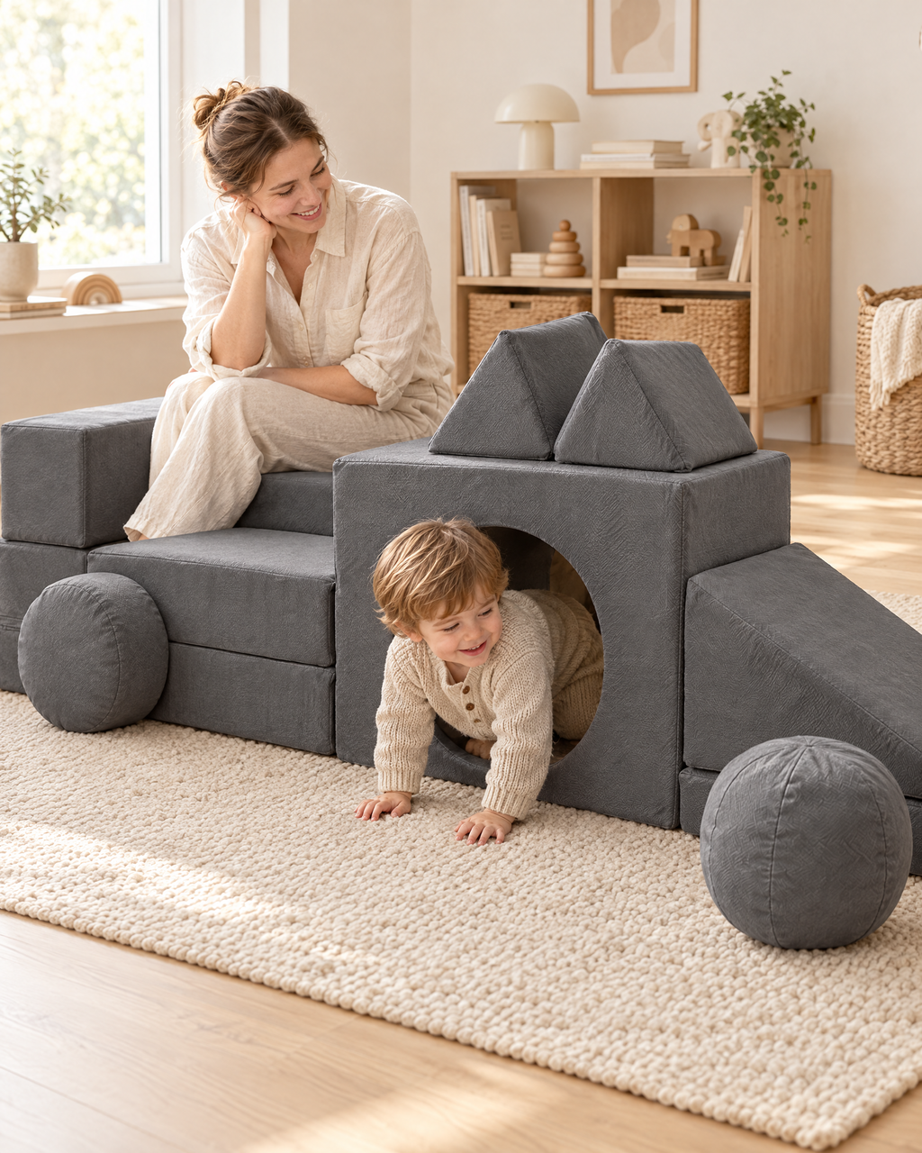 Enfant qui passe dans un tunnel construit avec le canapé modulable