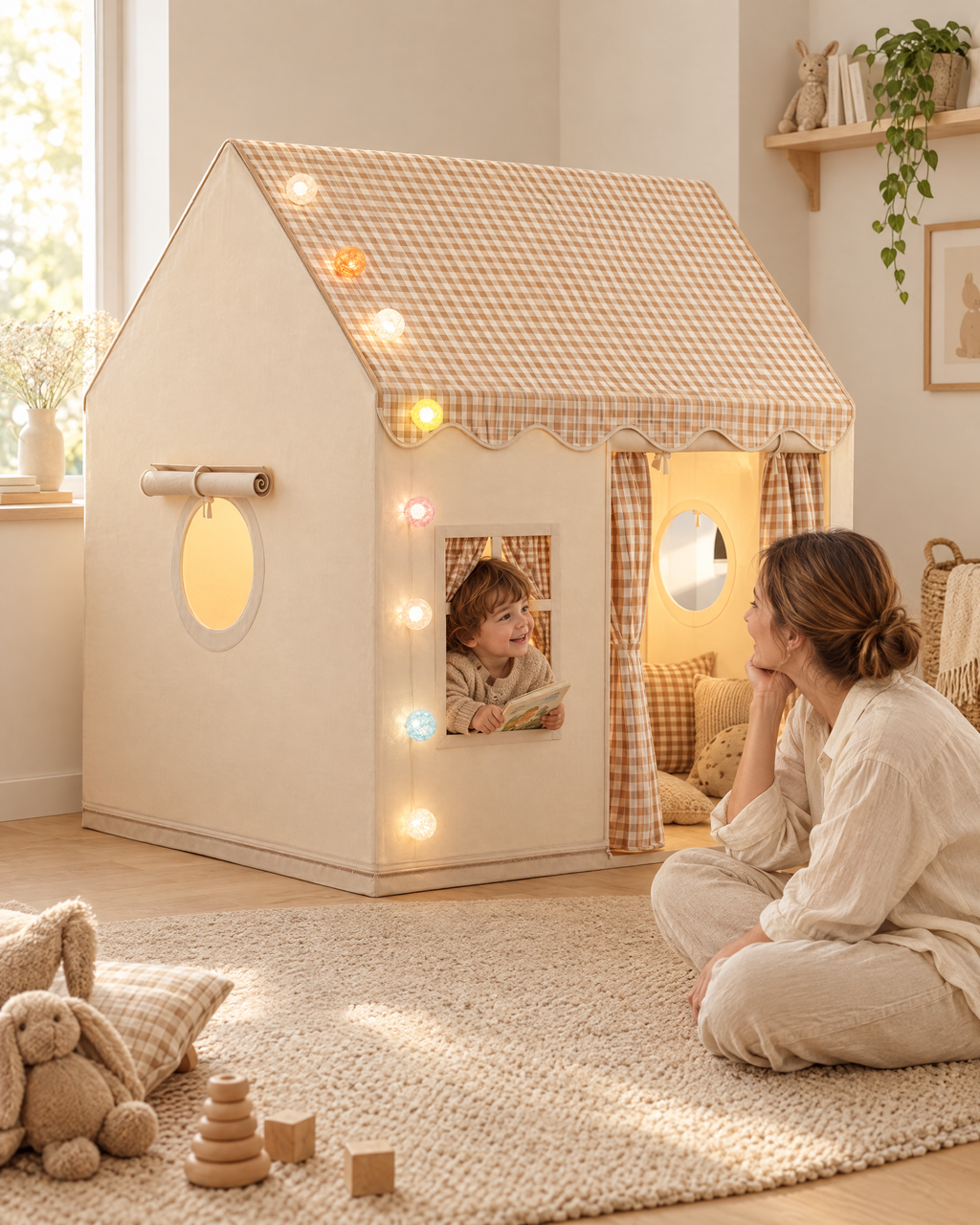 Enfant qui lit dans sa cabane lumineuse, sa maman assise devant