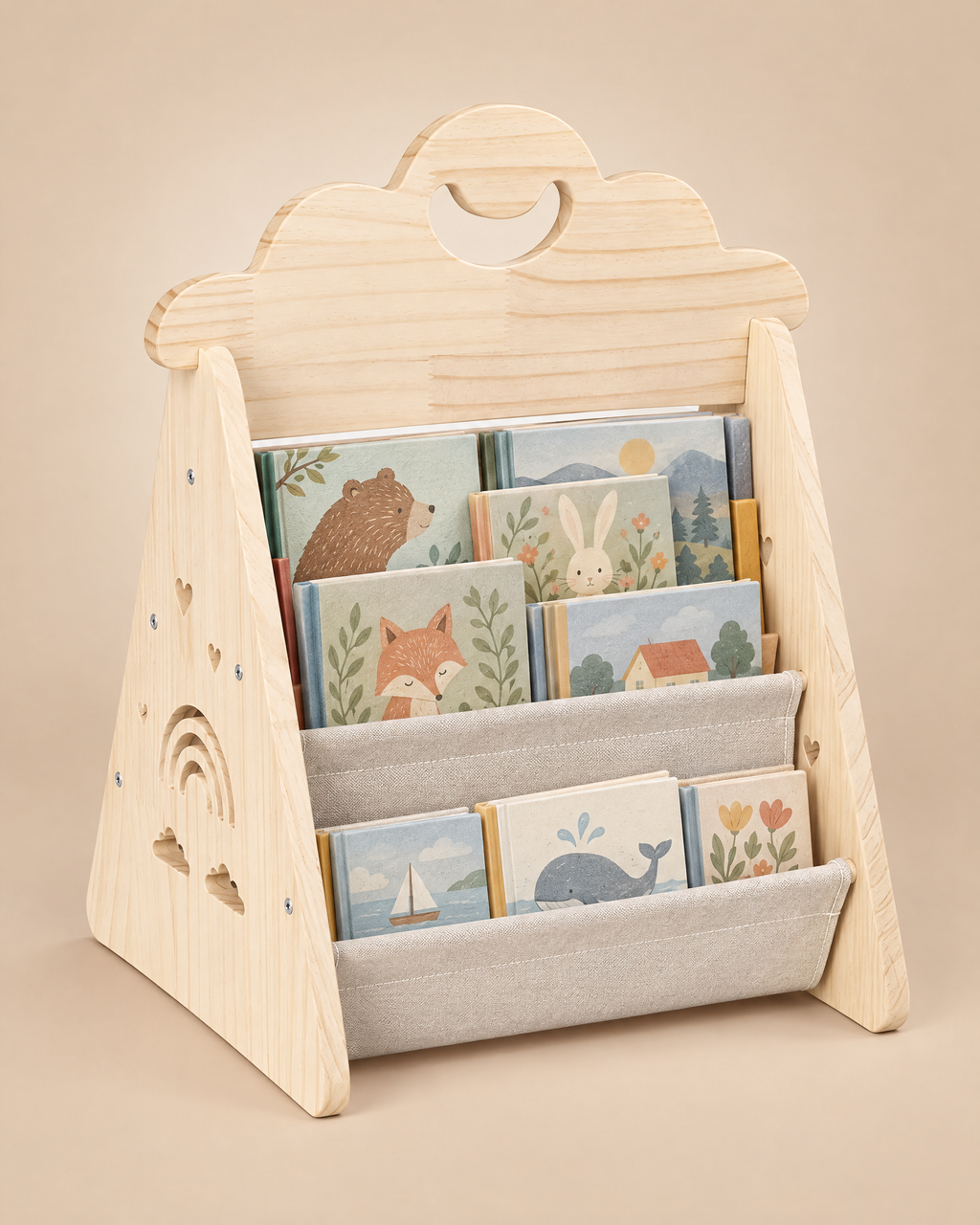 Bibliothèque Montessori nuage en bois avec livres présentés de face