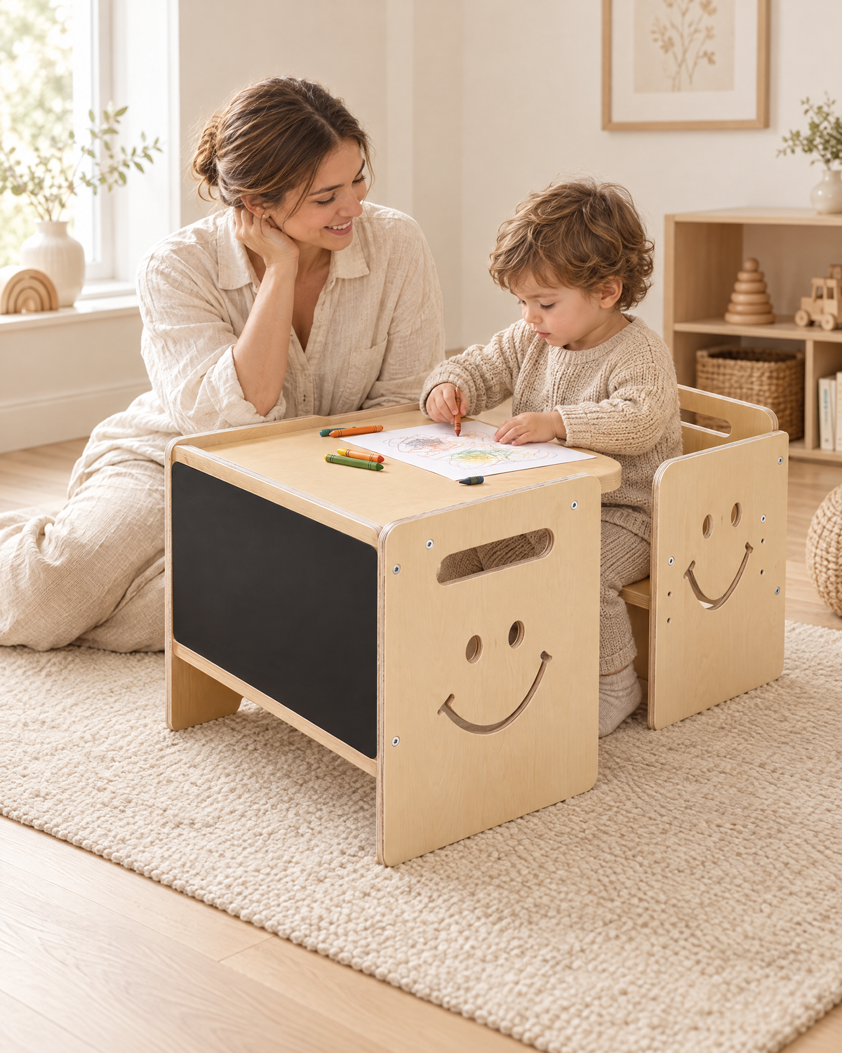 Enfant qui dessine assis à sa table Montessori, sa maman à côté