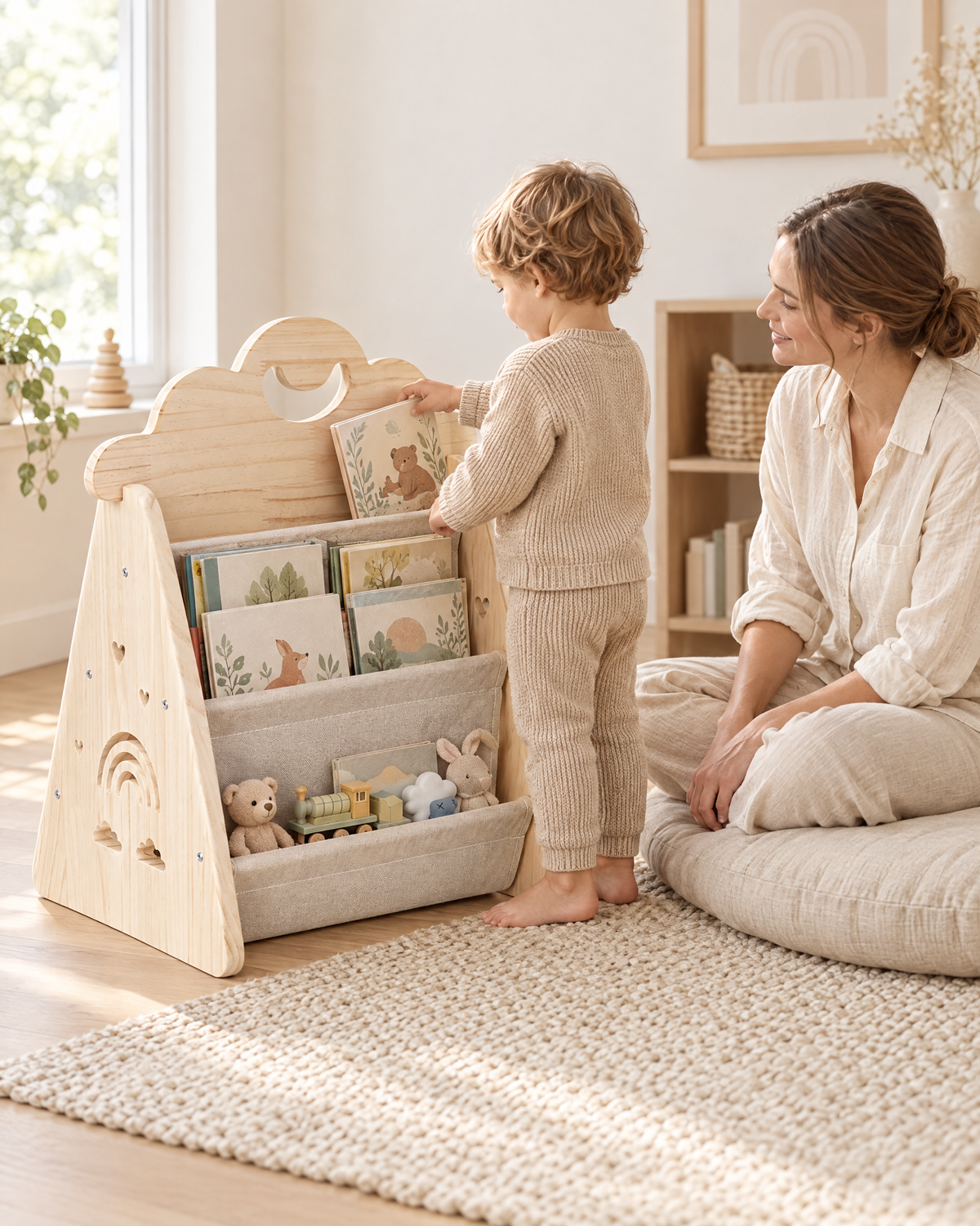 Enfant qui choisit seul un livre dans sa bibliothèque Montessori