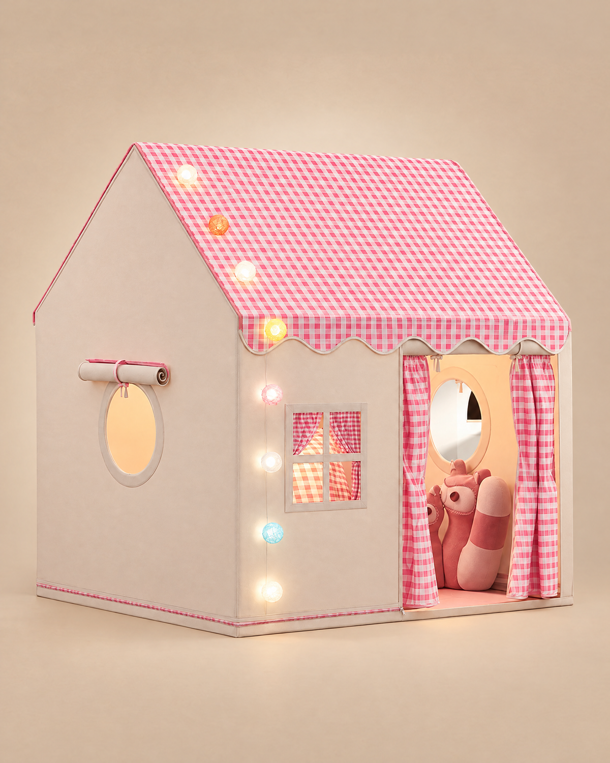 Cabane maison pour enfant avec guirlande lumineuse, rose