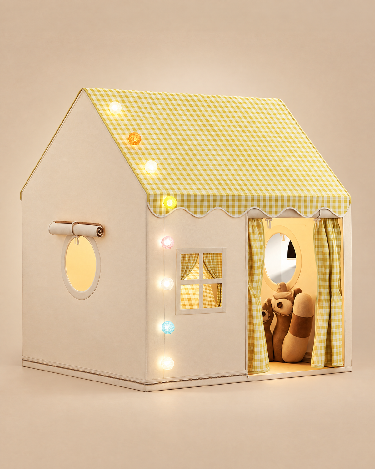 Cabane maison pour enfant avec guirlande lumineuse, jaune