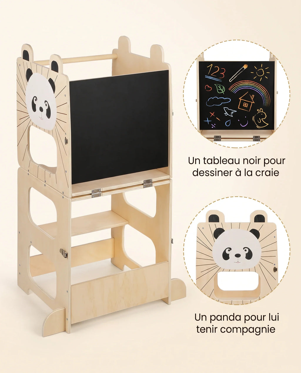 Le tableau noir intégré et le motif sur le côté de la tour